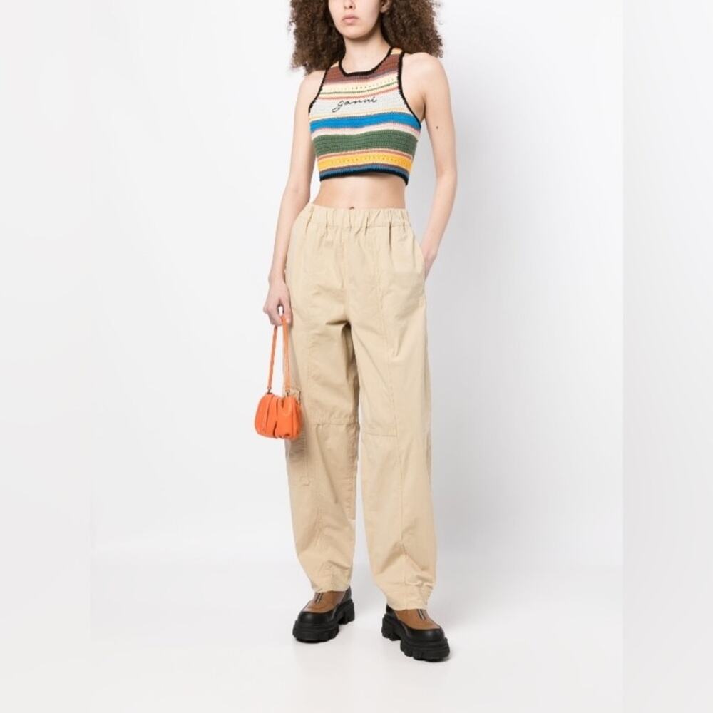 GANNI Womens Straight Leg Organic Cotton Cargo Beige Pull On Trousers L